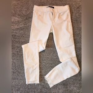 Express White denim stretch leggings mid rise ankle length sz 0 raw hem